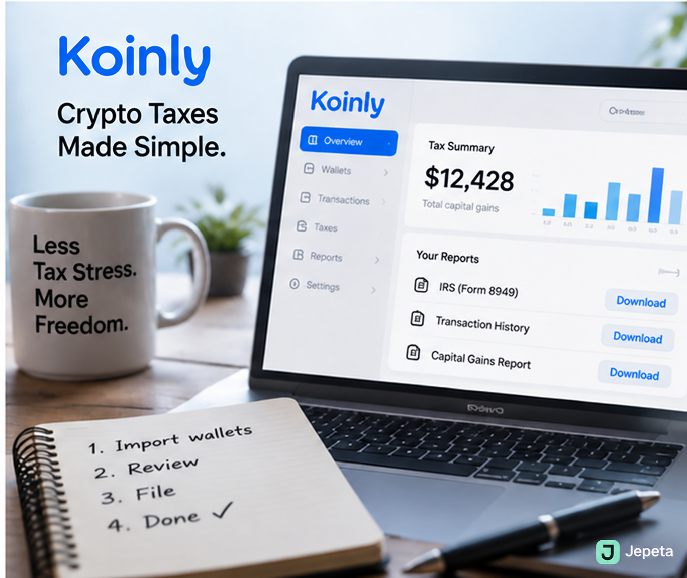 Koinly editorial illustration for this Jepeta product and workflow guide