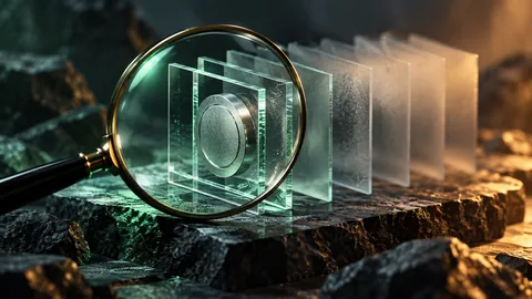 Concept illustration of a lens inspecting transparent evidence layers and an obscured boundary.